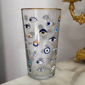 Anthropologie Rakle Refined Glass Tumblers Gold Black Rim Hasma Hand Evil Eye